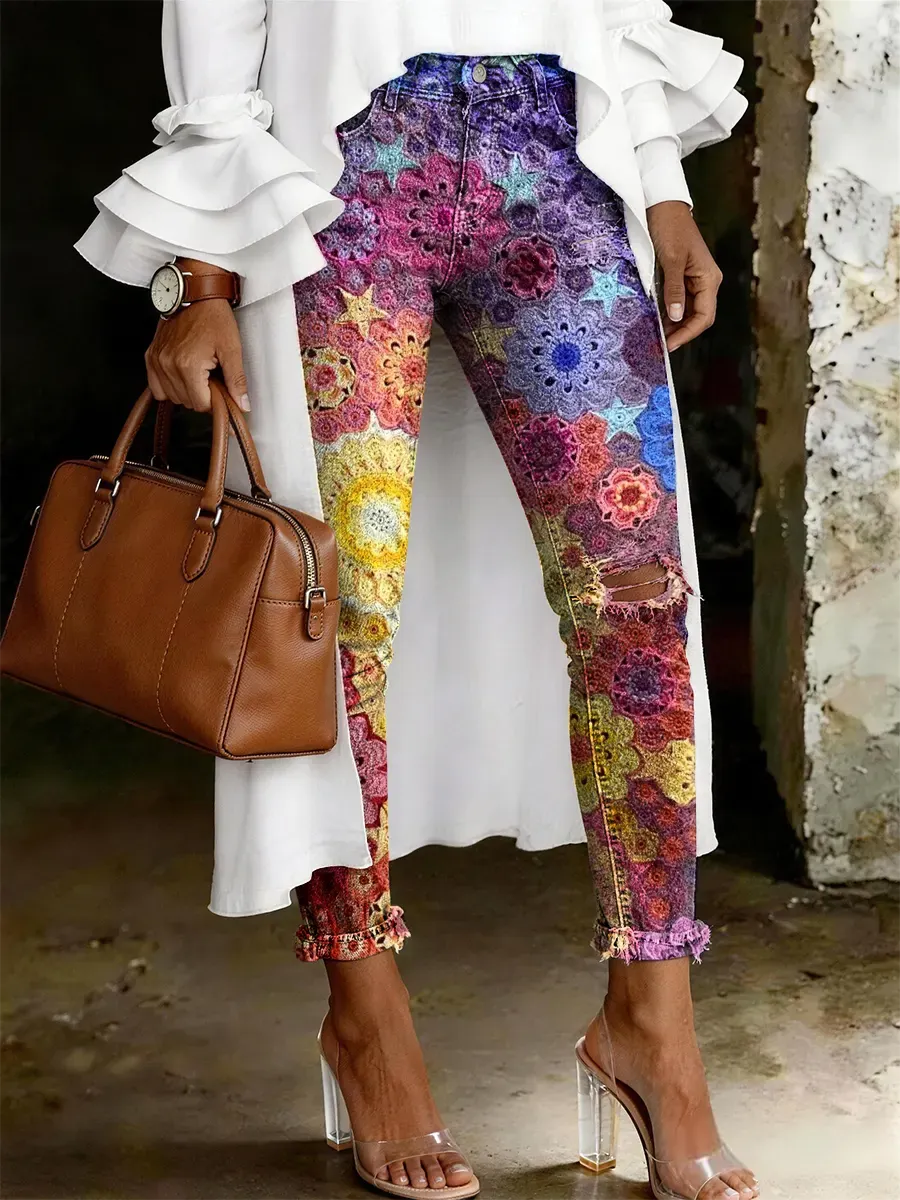 Women's Fashion Casual Multicolor Flowers Art Print Ripped Skinny Jeans