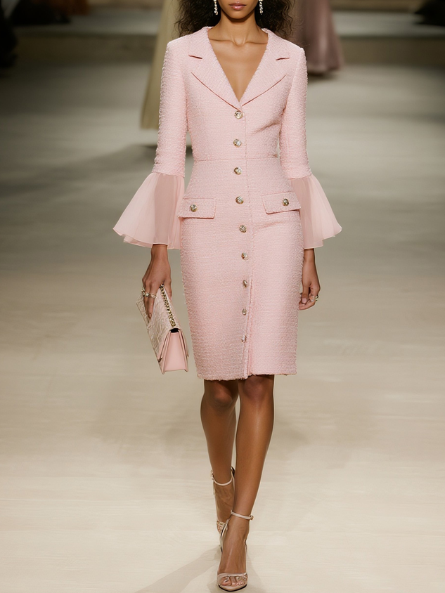 Light Pink Buckle Mesh Tweed Lapel Collar Long Sleeve Bell Sleeve Sheath Midi Dress
