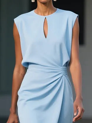 Light Blue Ruched Cut Out Classic Crew Neck Cap Sleeve Sheath Midi Dress