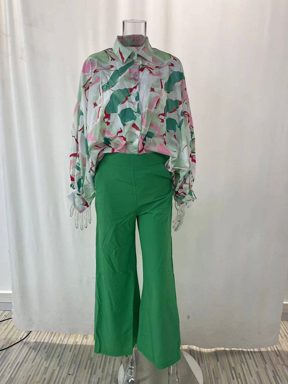 Printed Shirt Wide Leg Pants Suit