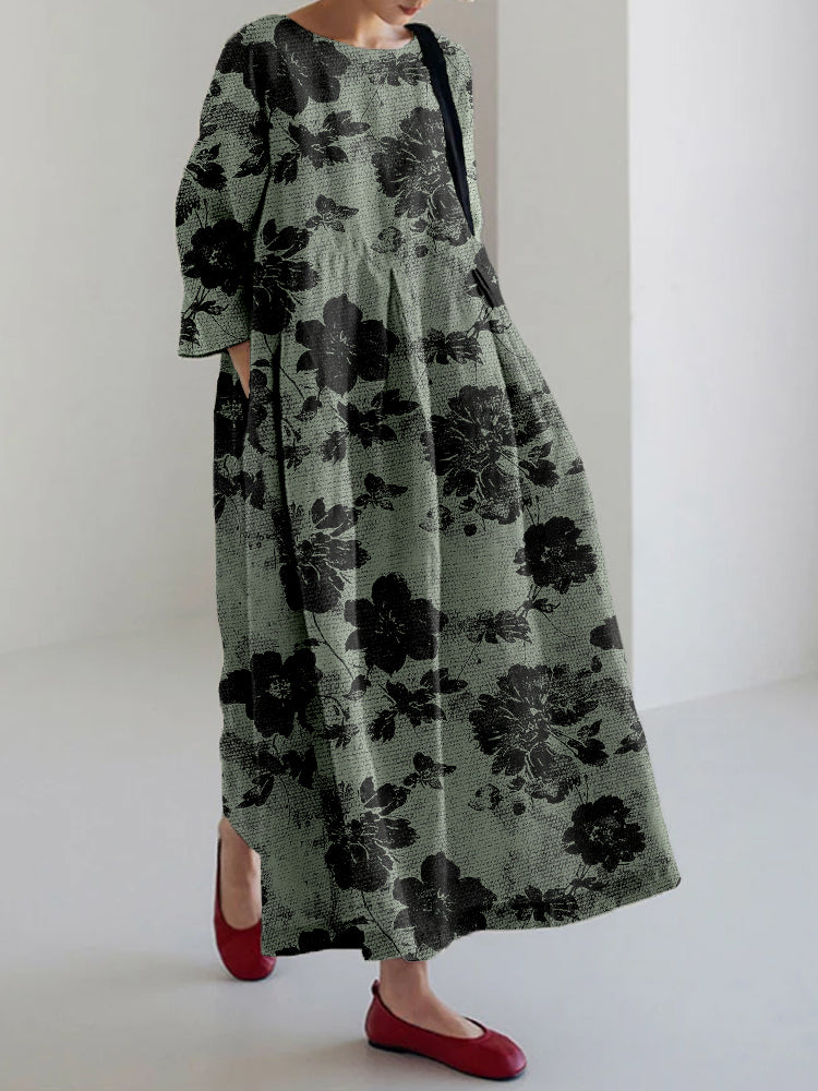 Vintage Abstract Floral Art Linen Blend Maxi Dress