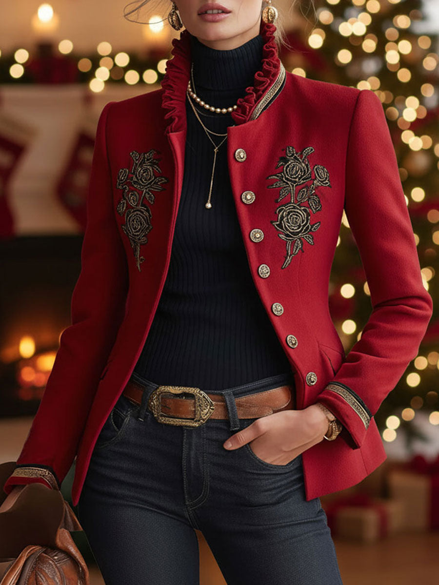 Ruffled Stand-up Collar Single-breasted Rose Embroidered Woolen Jacket