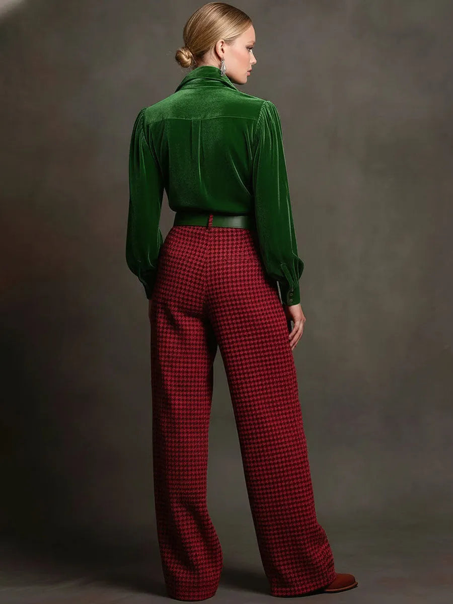 Retro Green Velvet Pleated Long-sleeved Shirt And Houndstooth Wide-leg Pants Set