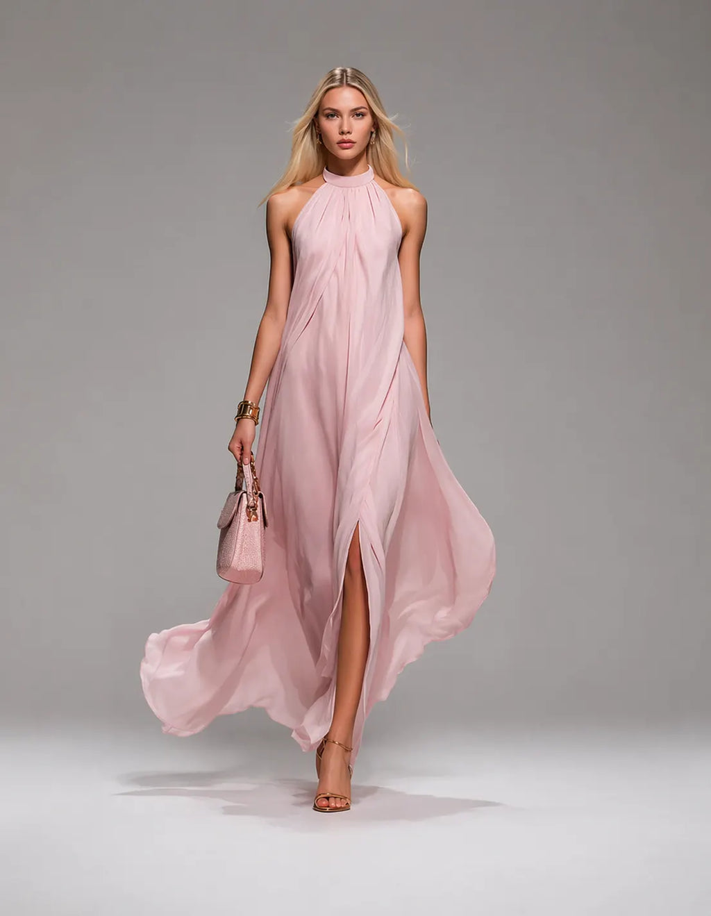 Halter Sleeveless Slit Chiffon Maxi Dress