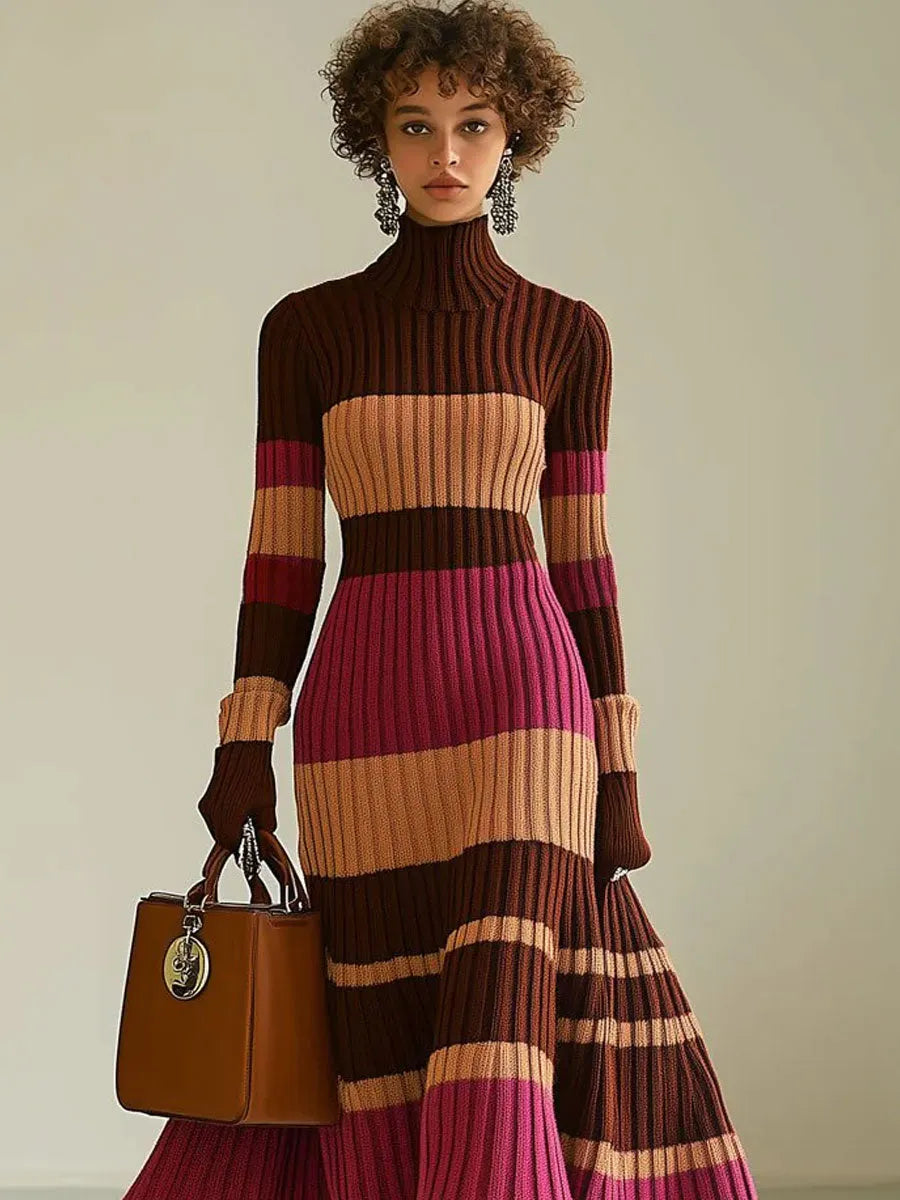 Fashion Loose Retro Color Striped Knitted Turtleneck Midi Dress