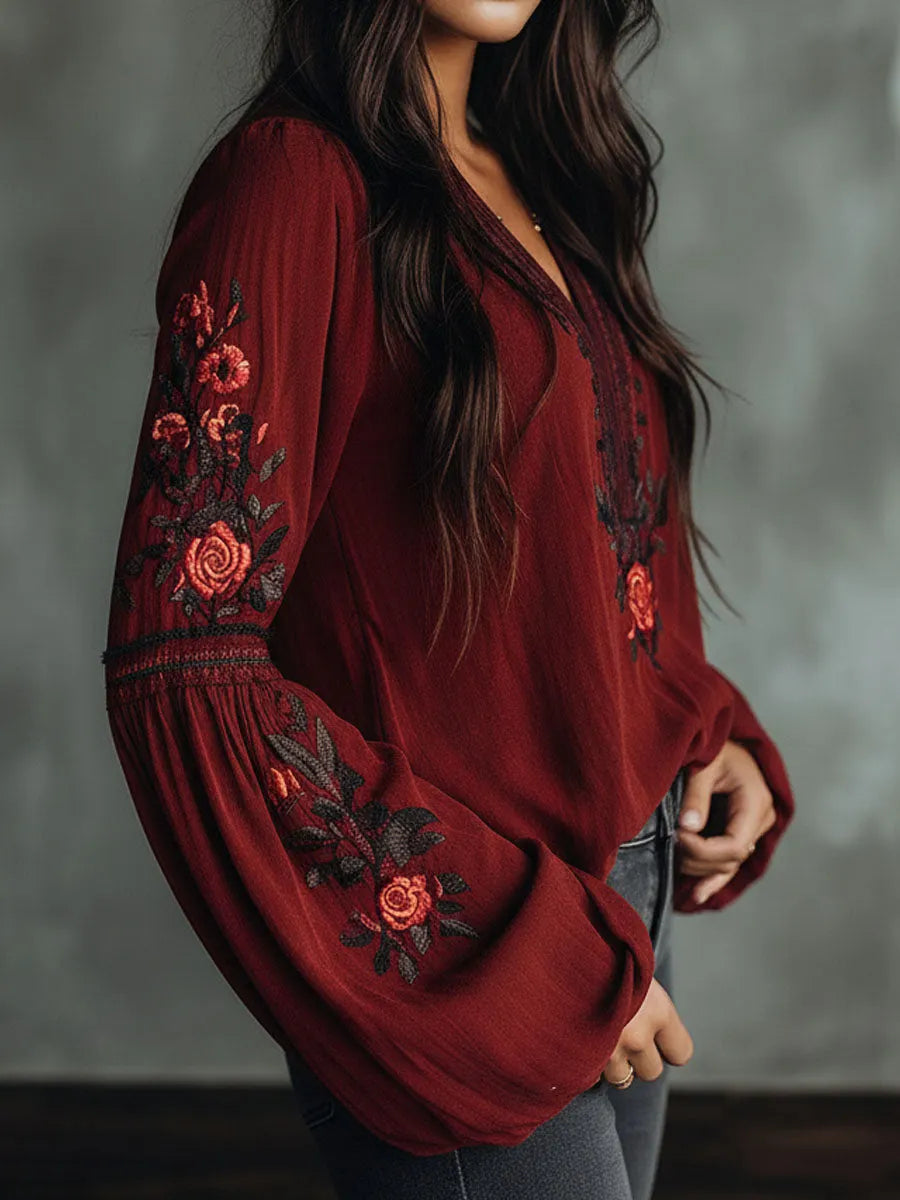 Vintage Red Embroidered Lantern Sleeve Boho Blouse
