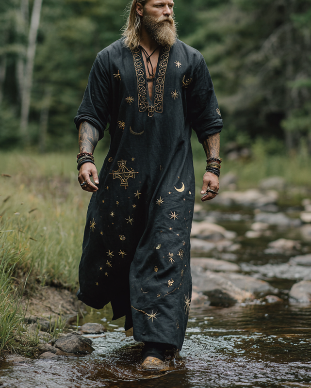 Men's summer vacation star and moon 3D embroidery casual linen kaftan ddda