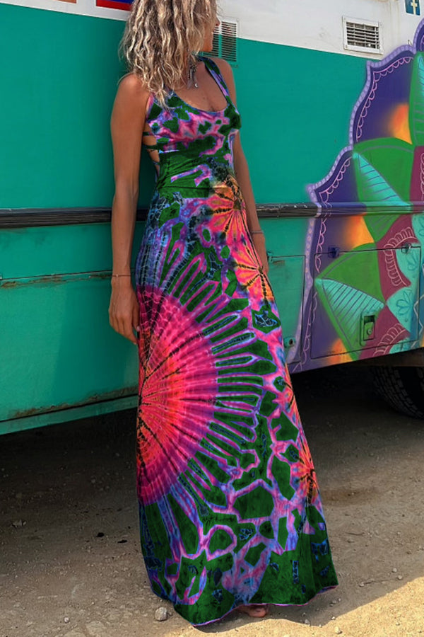 Tie-dye Printed Strappy Stretch Dress