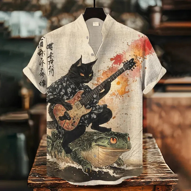 Men's Black Cat Riding On Toad Playing Guitar Print Short Sleeve Shirt