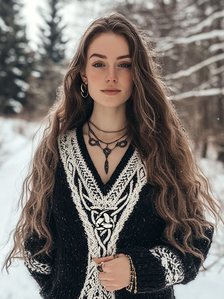 Women's Viking Style Celtic Knot V Neck Knitted Sweater