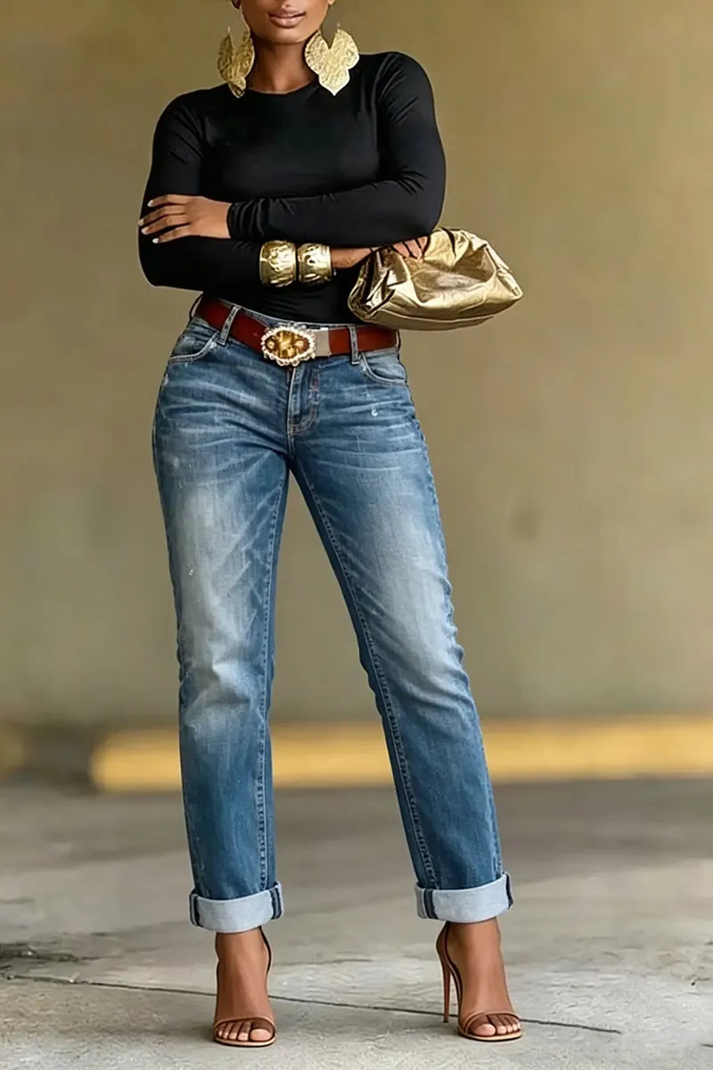 Women's Casual Distressed Wash Straight-Leg Jeans