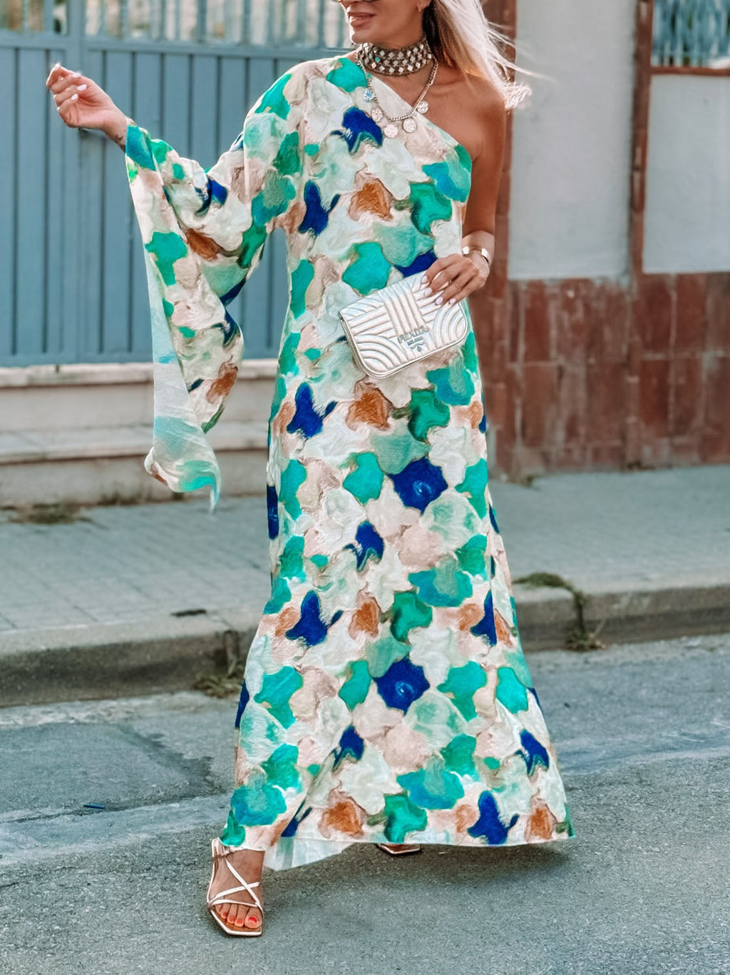 Asymmetric Neckline One-Sleeve Printed Chiffon Dress