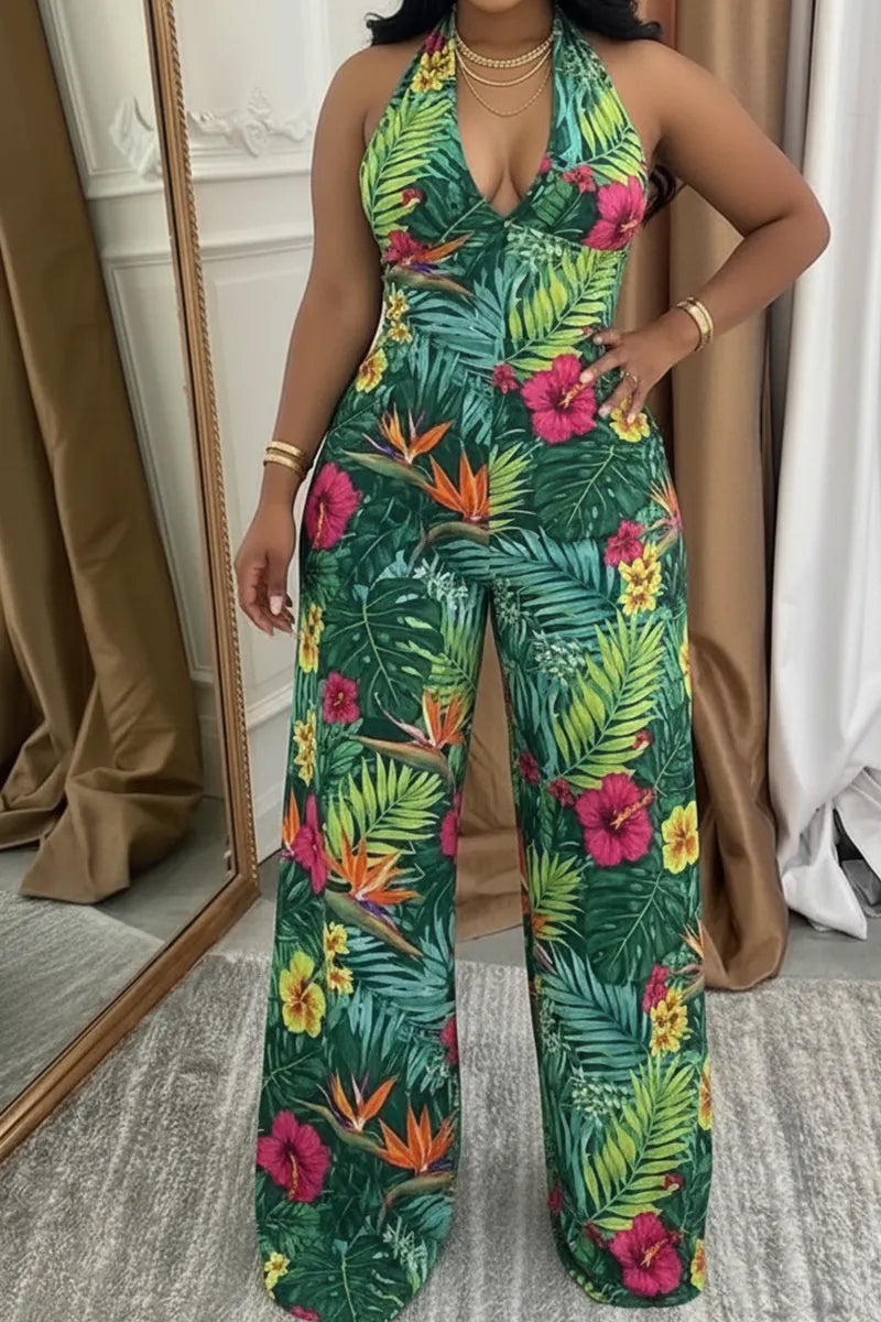 Women's Elegant Printed Backless Denim Jumpsuit