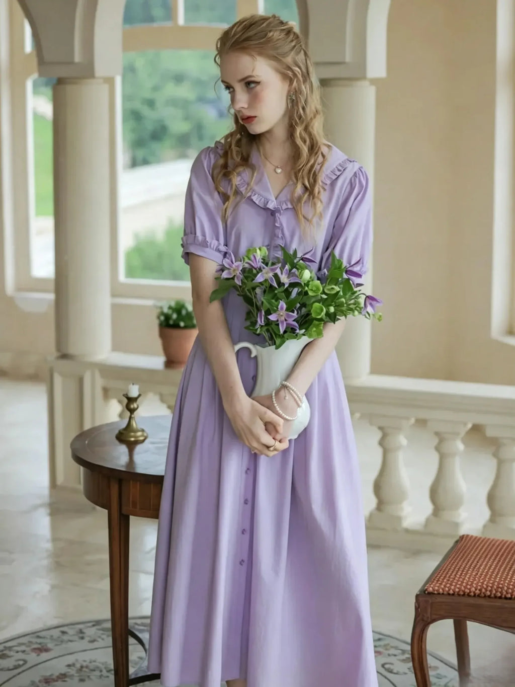 Lavender Ruffled V-neck Midi Dress