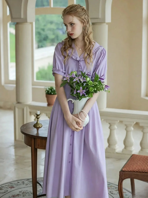 Lavender Ruffled V-neck Midi Dress