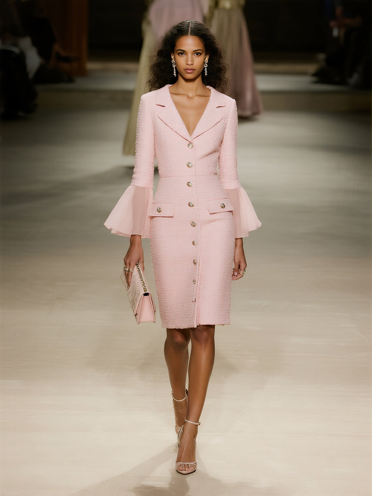 Light Pink Buckle Mesh Tweed Lapel Collar Long Sleeve Bell Sleeve Sheath Midi Dress