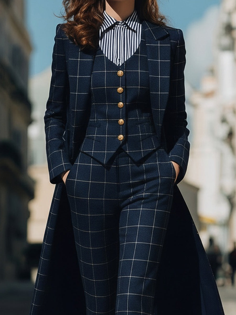 Navy Checkered Three-Piece Suit With Long Coat