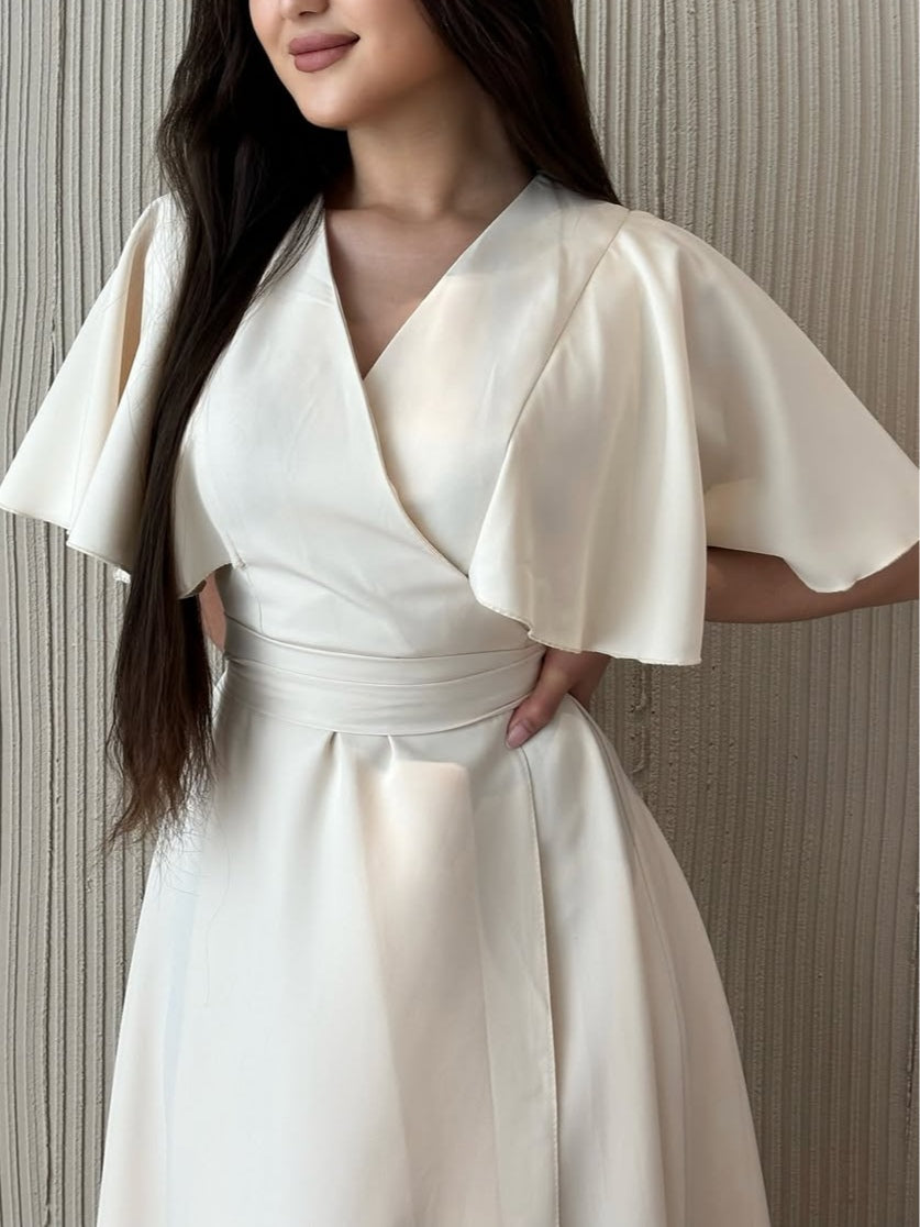 V-neck ruffled sleeve layered waist dress