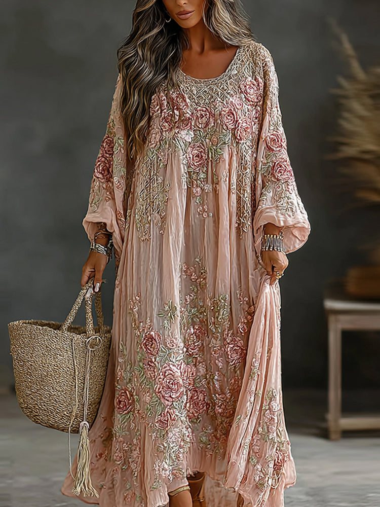 Women's Vintage Floral Art Flowy Linen Blend Casual Long Sleeve Maxi Dress