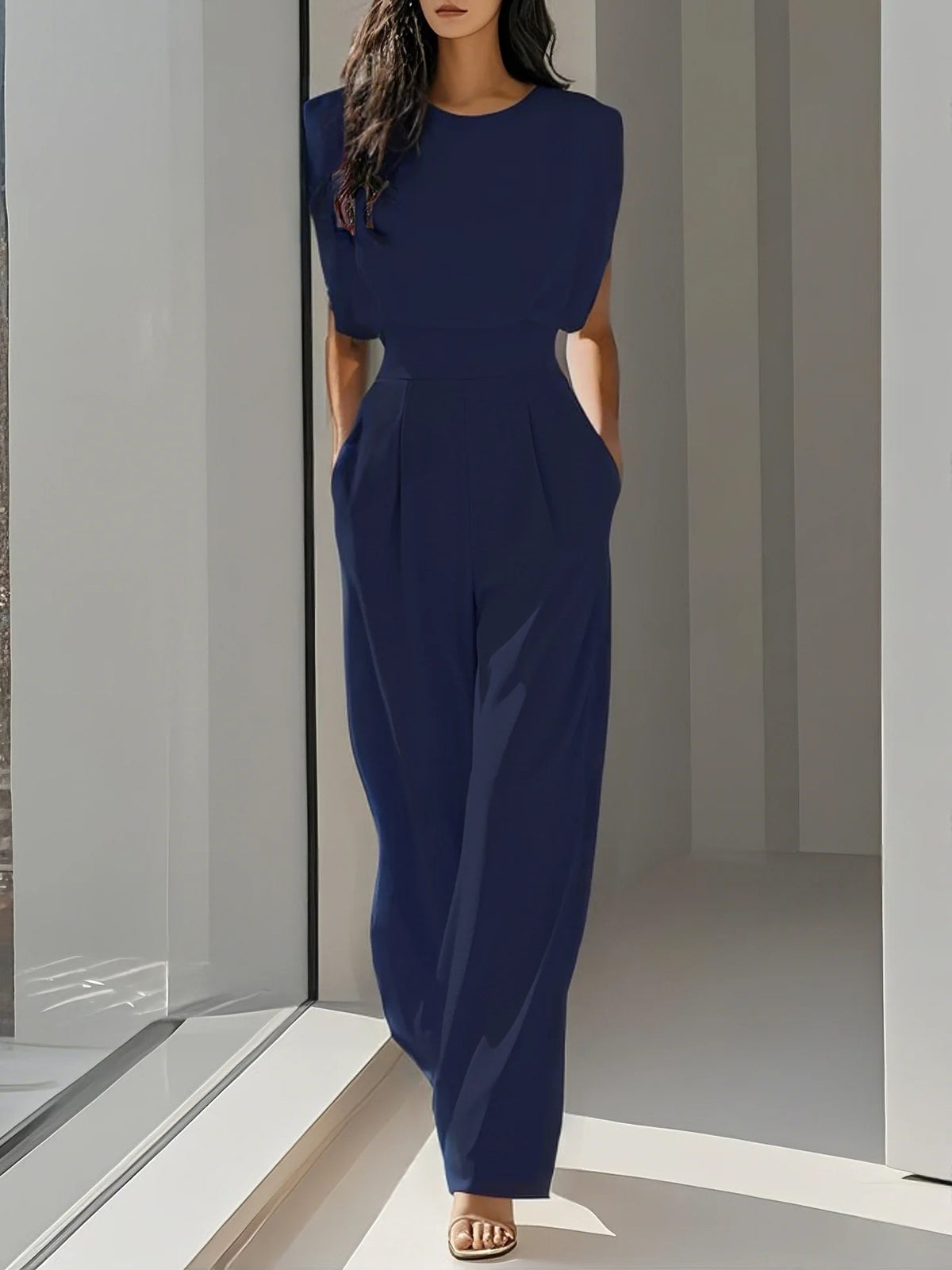 Women's Elegant High-Waist Jumpsuit - Wrinkle-Free Sleeveless Wide Leg Romper with Pockets