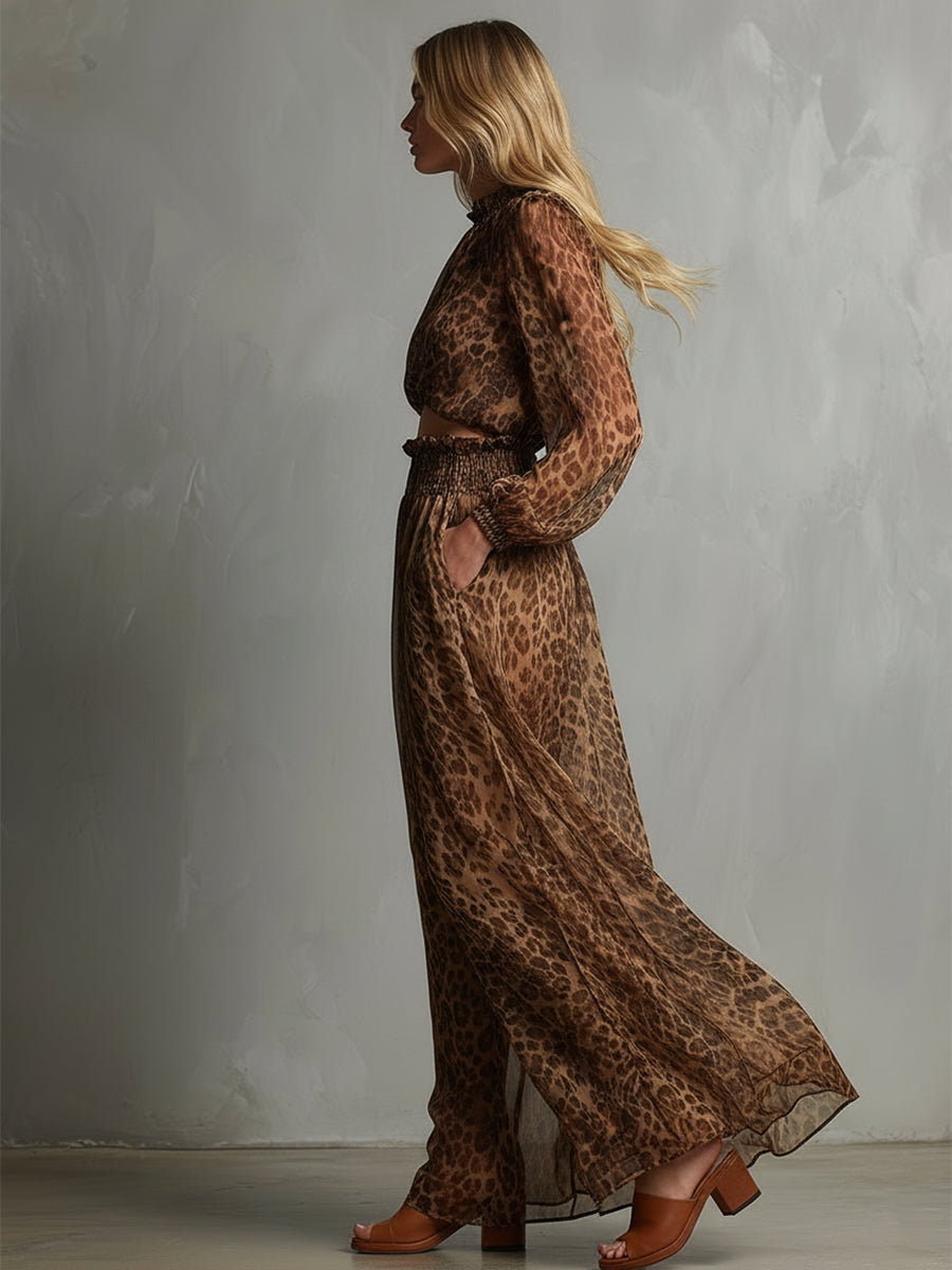 Urban Brown Leopard Print T-shirt And Wide-leg Pants Set