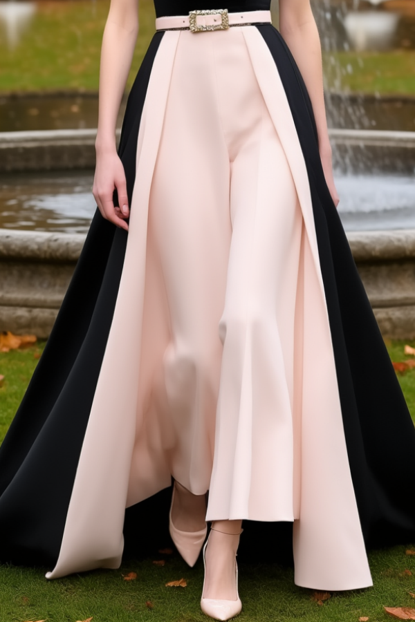 Formal Wedding Guest Jumpsuit Pink Crew Neck Belted with Train