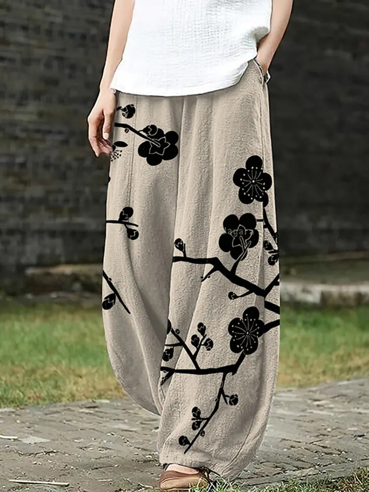 Women's Sakura Art Ink And Wash Loose Casual Pants