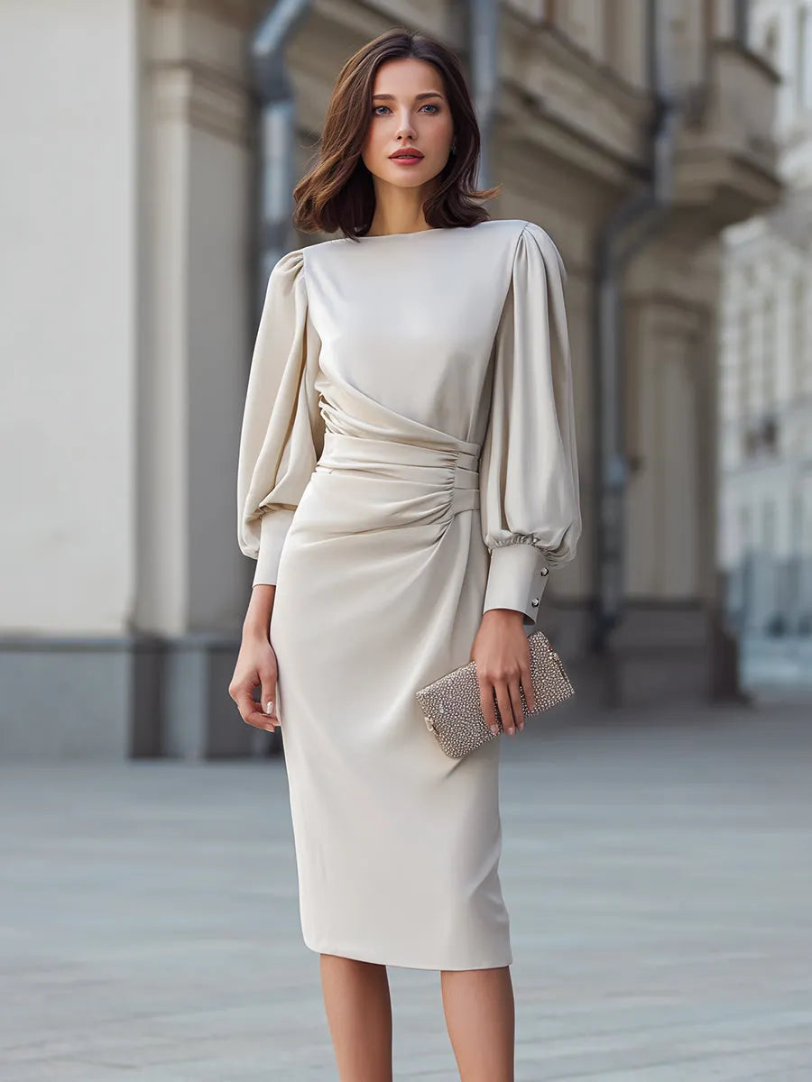 Draped Waist Puff Sleeve Midi Dress