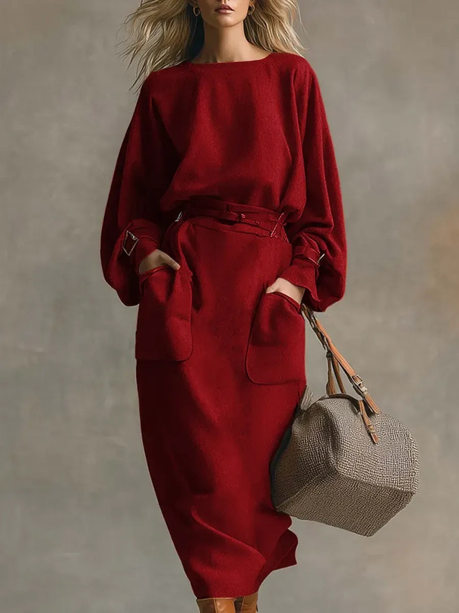 Women's Solid Color Round Neck Long Sleeve Casual Loose Dress