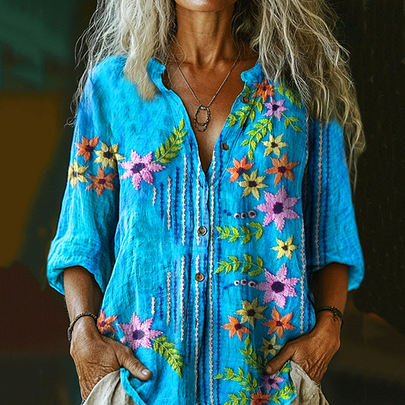 Women's Ethnic Floral Print Casual Cotton And Linen Shirt