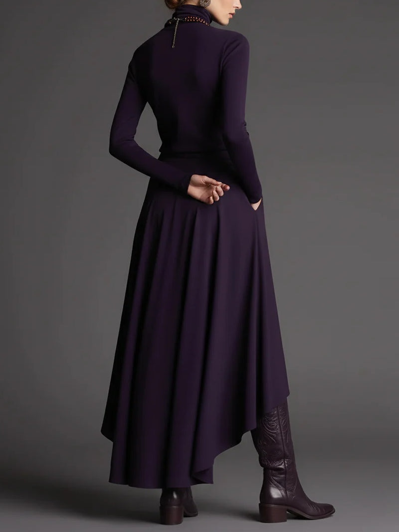 Purple Turtleneck Top and Asymmetrical Skirt Two-piece Set