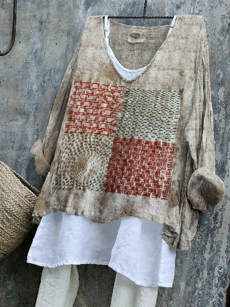 Geometric Japanese Sashiko Embroidered Art Linen Blend Tunic