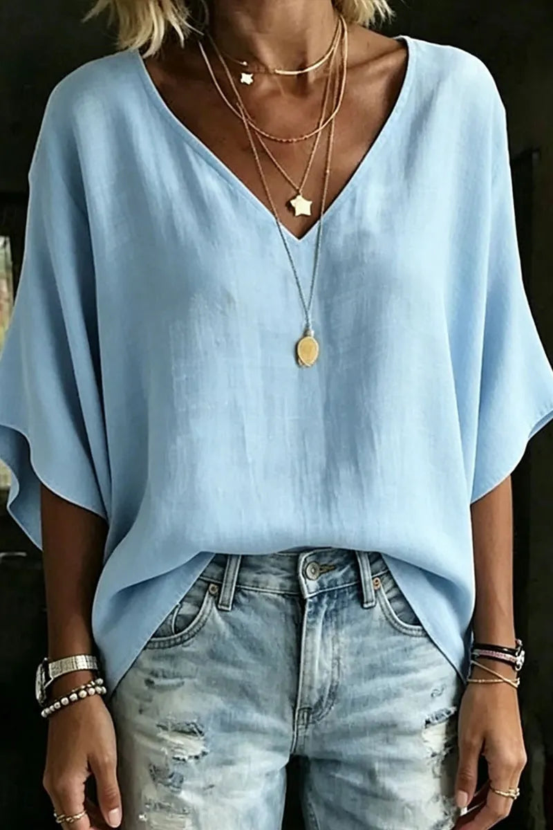 Women's Casual Oversized Linen Blouse, Short Kimono Sleeves