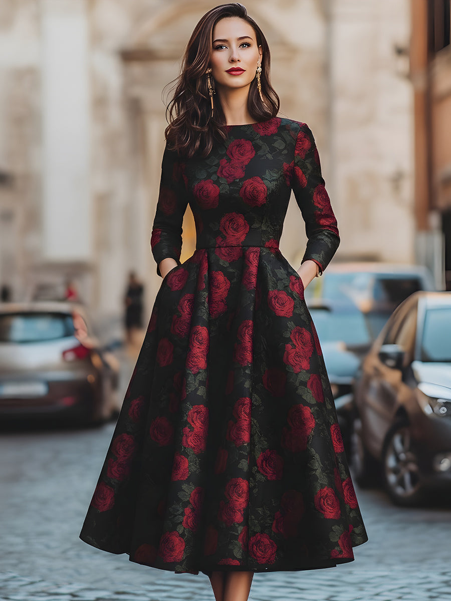 Elegant Jacquard Rose Print Midi Dress