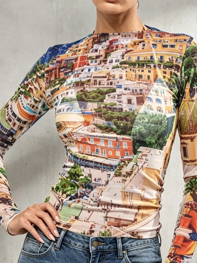 Casual Landscape Print Off The Shoulder T-shirt