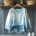 Vintage Gradient Waves Inspired Embroidery Japanese Art Linen Blend Cozy Tunic