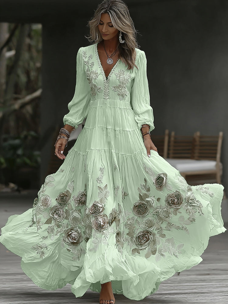 Women's Vintage Rose Embroidery Art V-neck Casual Long Sleeve Maxi Dress