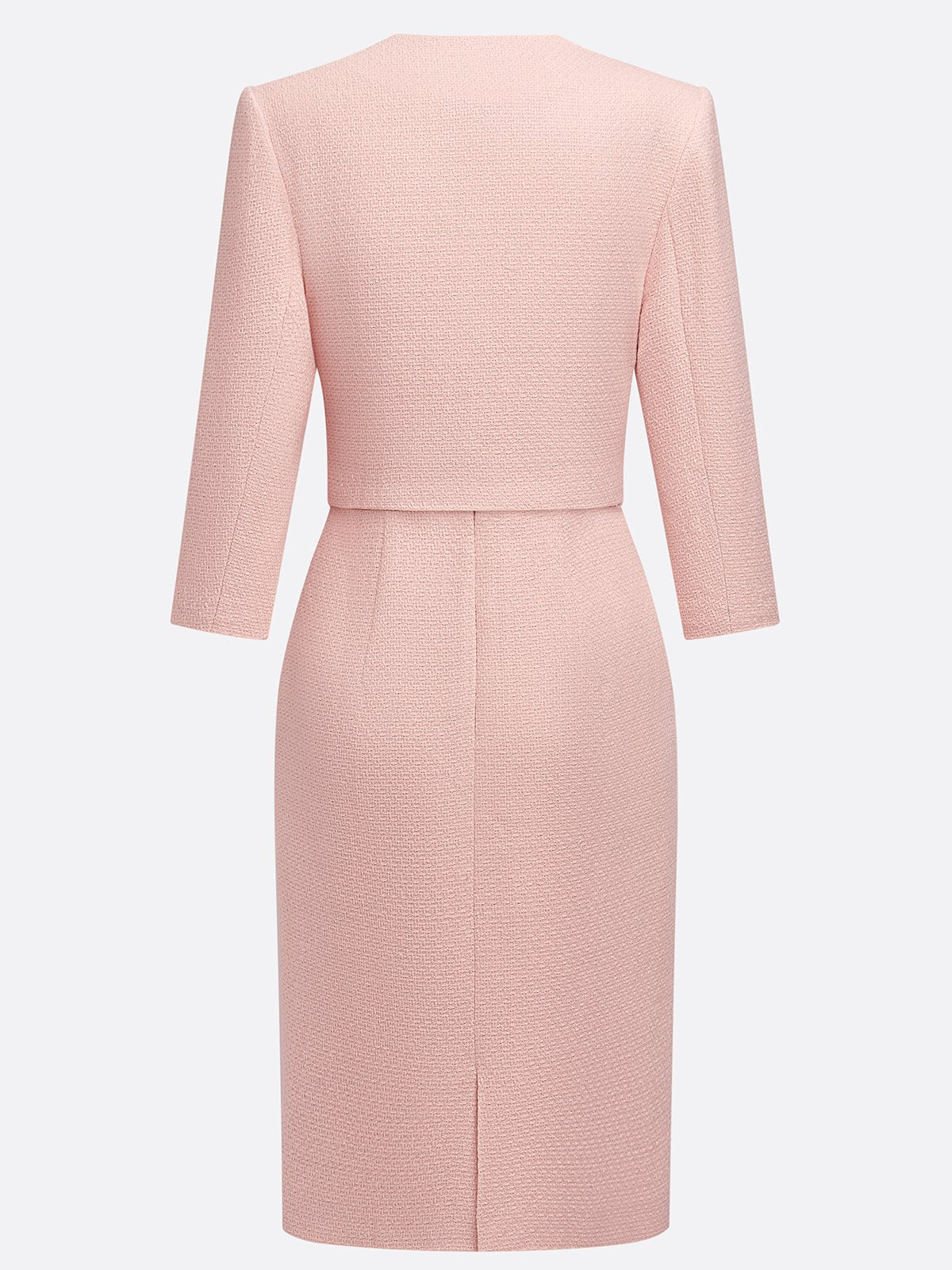 Women Tweed Pink Buckle Crew Neck Half Sleeve Dressy Coat With Dress Two-Piece Dress