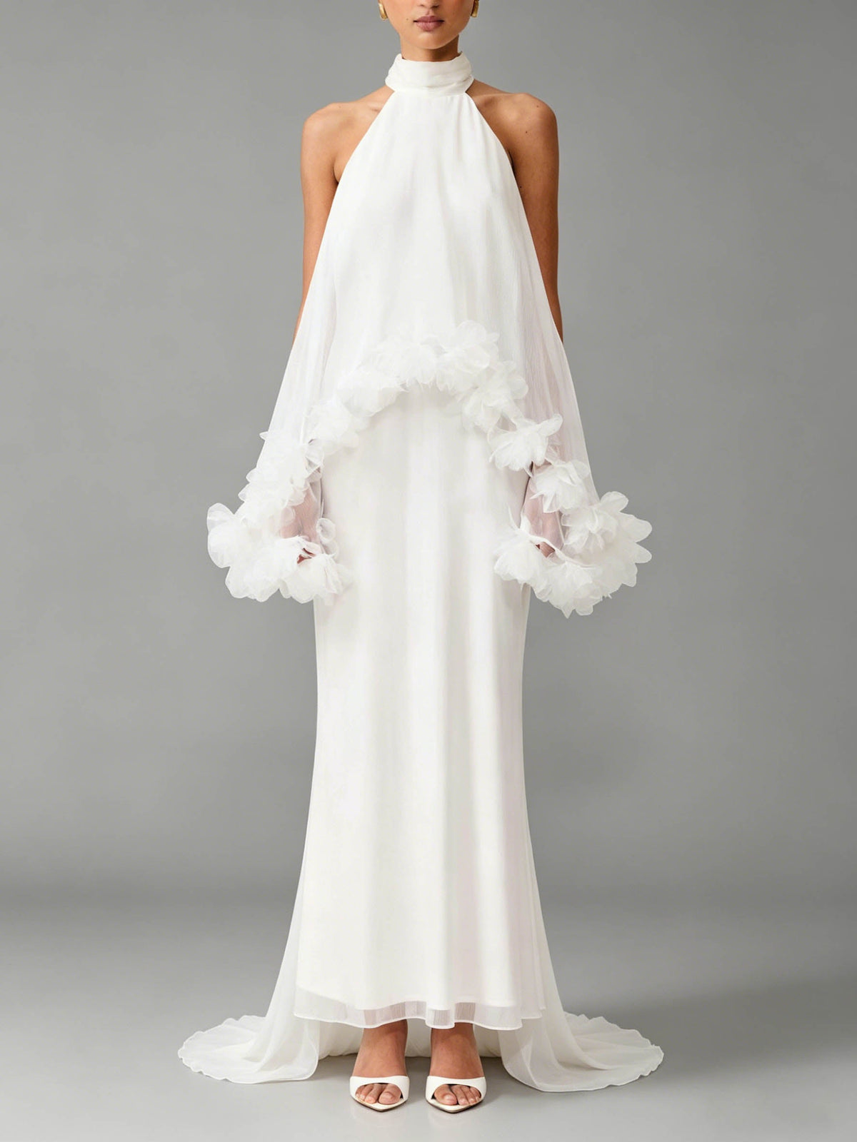 Clear Ruffled Floral Applied Chiffon Maxi Dress