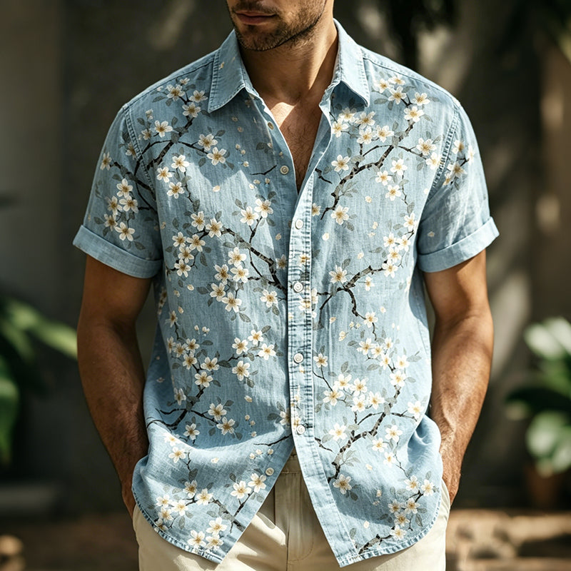 Men's Vintage Floral Art Linen Blend Short Sleeve Shirt