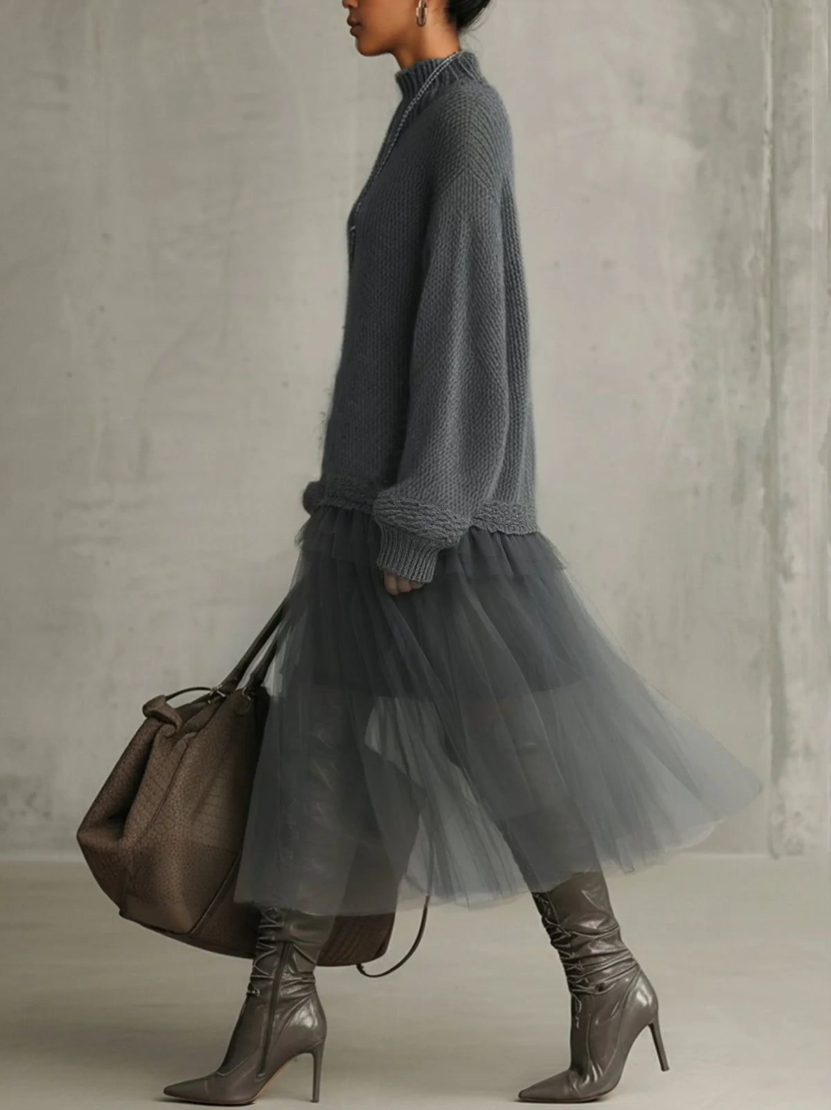 24-Hour-Shipping Gray Mohair And Tulle Panel Maxi Dress