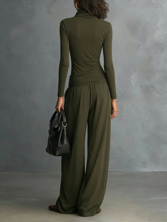Casual Plain Ruched Cowl Neck T-shirt