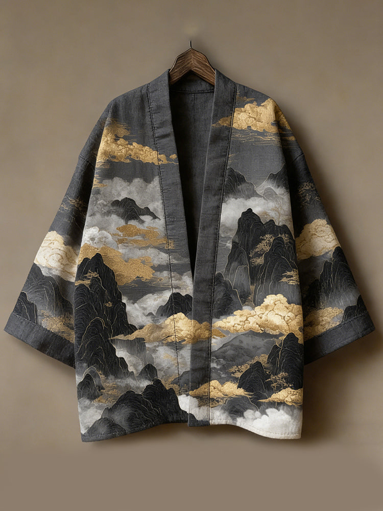 Men's Retro Japanese Landscape Print Linen Kimono Cardigan