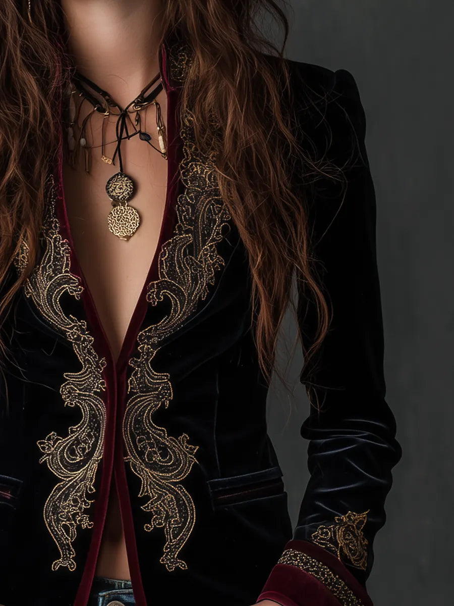 Vintage Baroque Embroidered Velvet Blazer