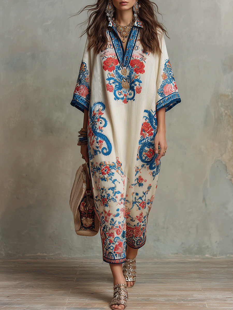 Bohemian Floral Paisley Kaftan Midi Dress In Ivory Blue