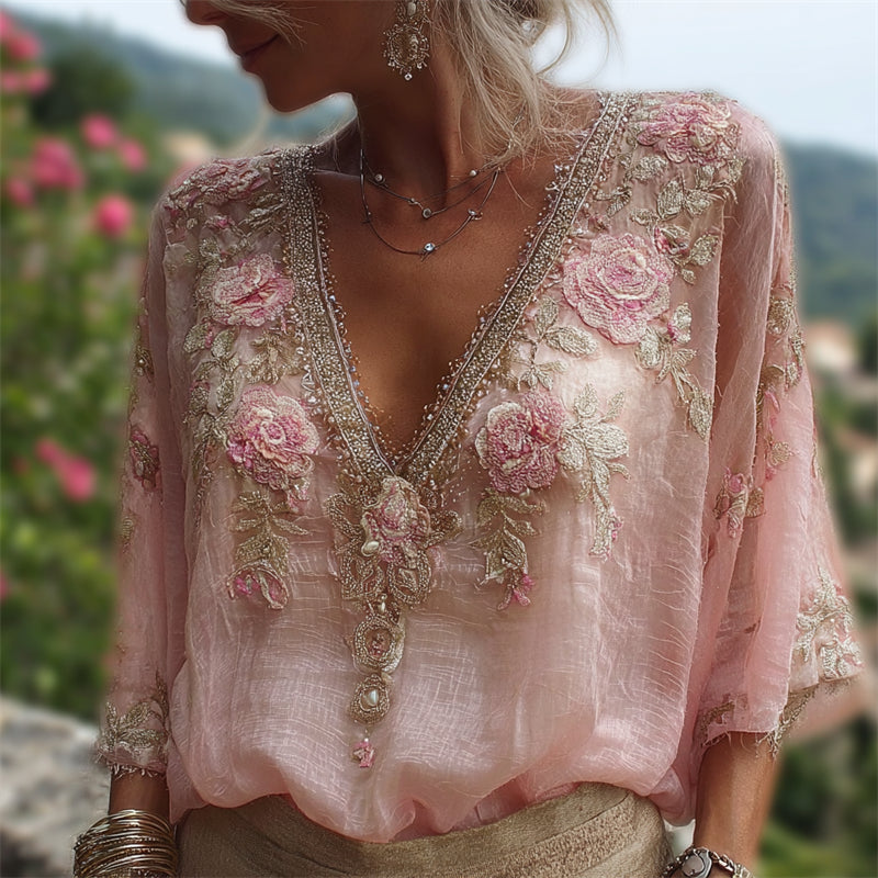 Boho Roses Embroidered Lace Flowy Linen Tunic