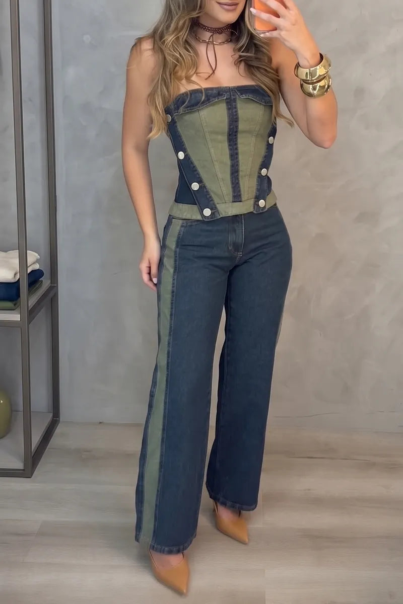 Women's Casual Color Block Denim Bustier or Wide Leg Jeans