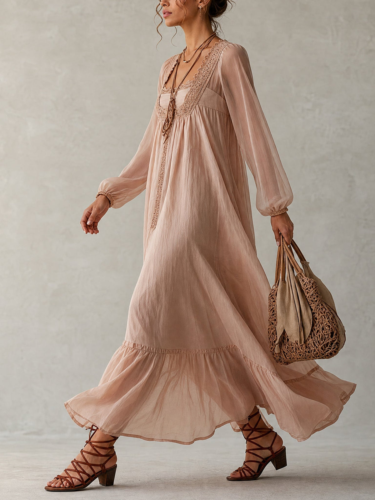 Pink Linen Long Sleeve Maxi Dress