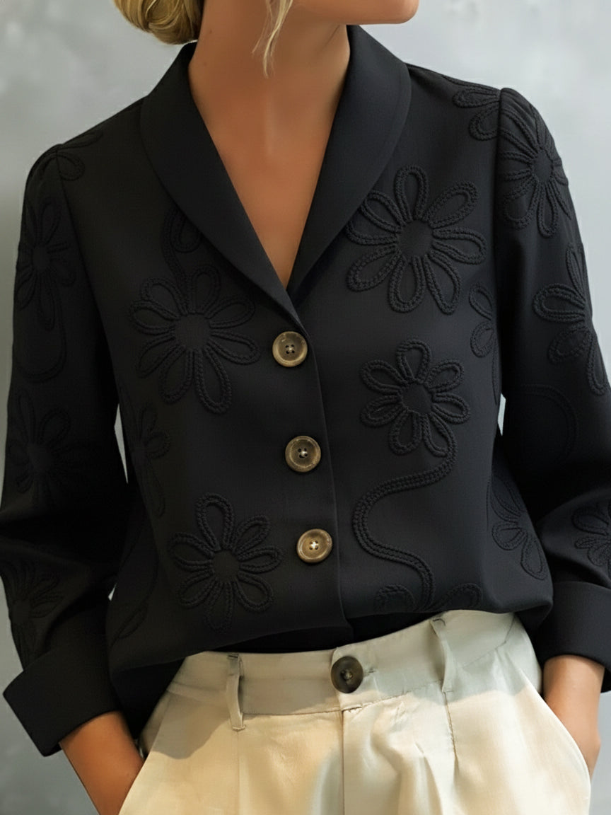 Vintage Floral Embroidered Shawl Collar Blouse