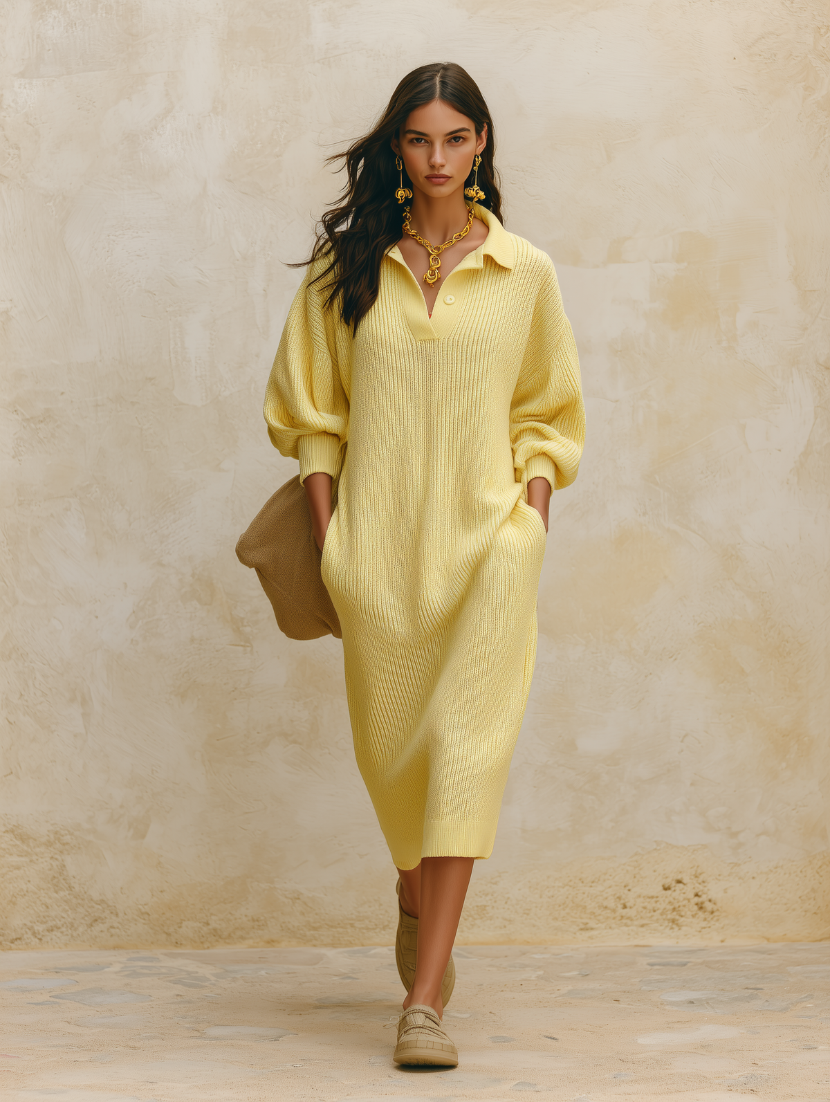 Women's Oversized Ribbed Knit Polo Collar Sweater Dress Long Sleeve Midi Dress
